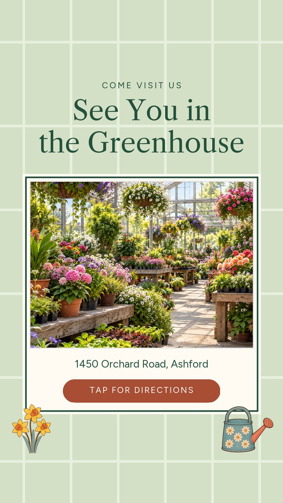 Instagram Story template with greenhouse photo, spring grid background, and tap for directions button.
