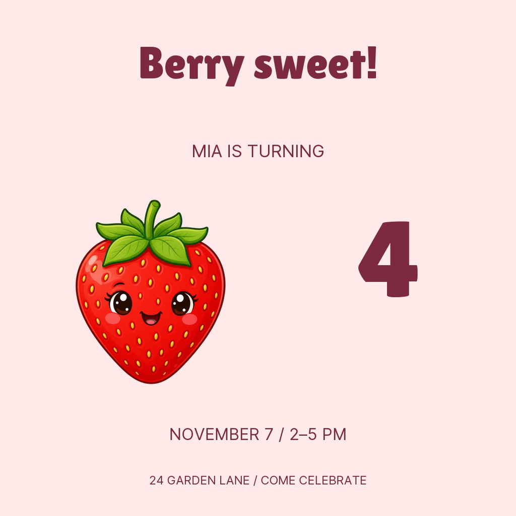 Pink square birthday post with a smiling strawberry, the text Berry sweet, and age 4.