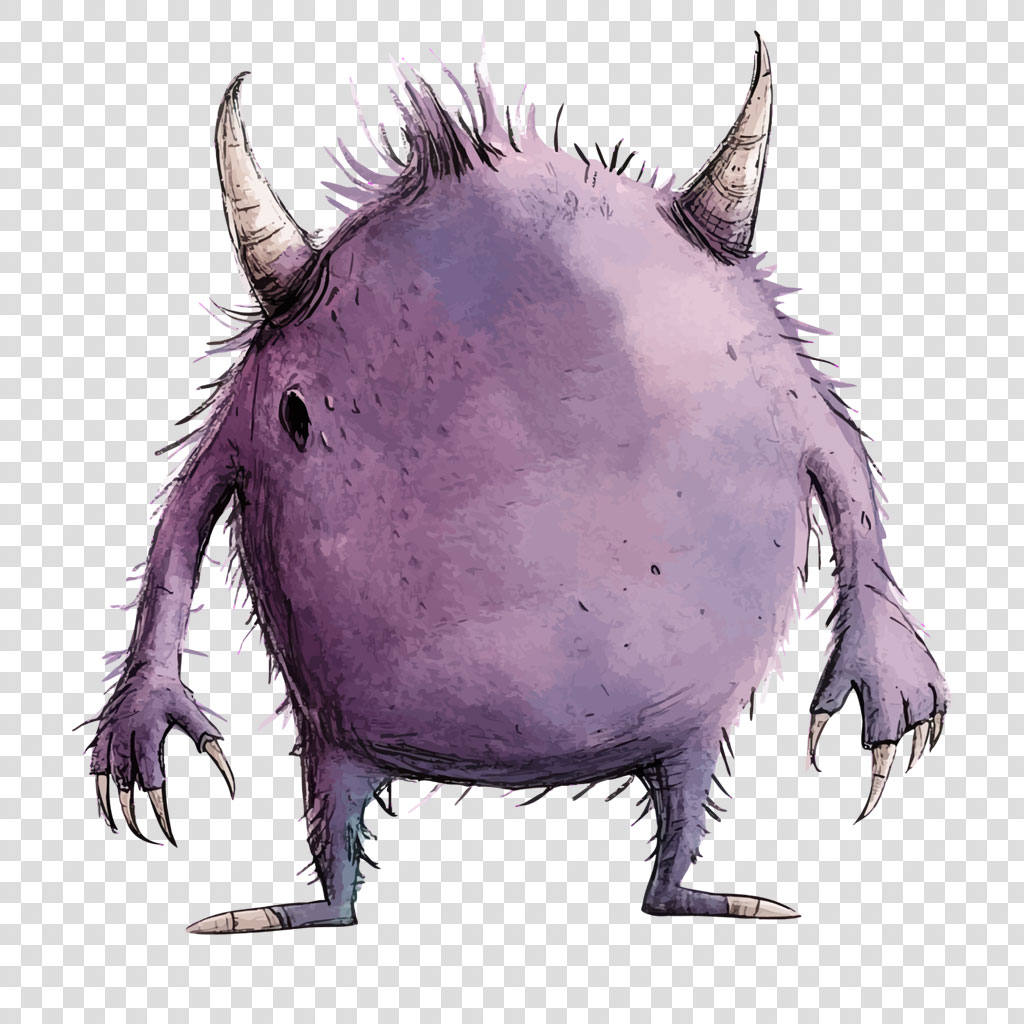A cartoon-style purple monster with horns and sharp claws.