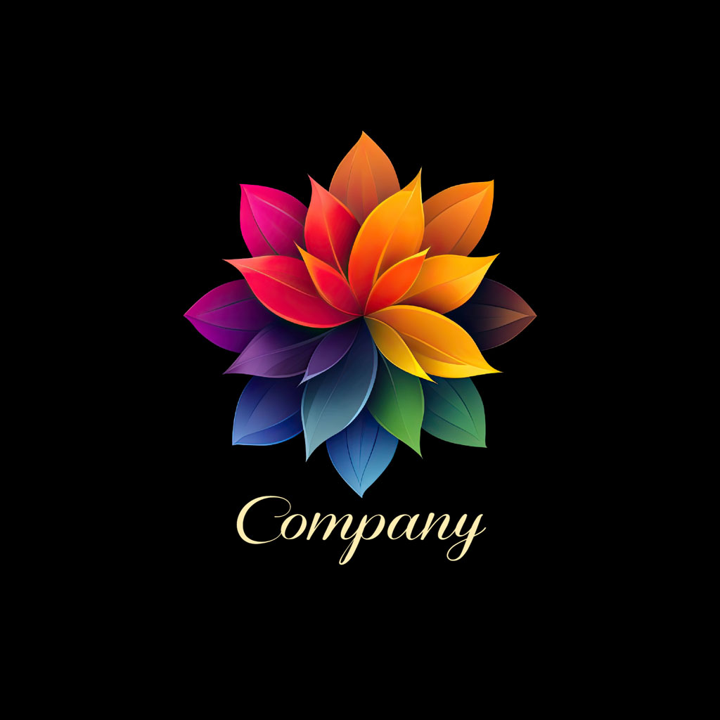 Company logo with a multicolored flower on a black background