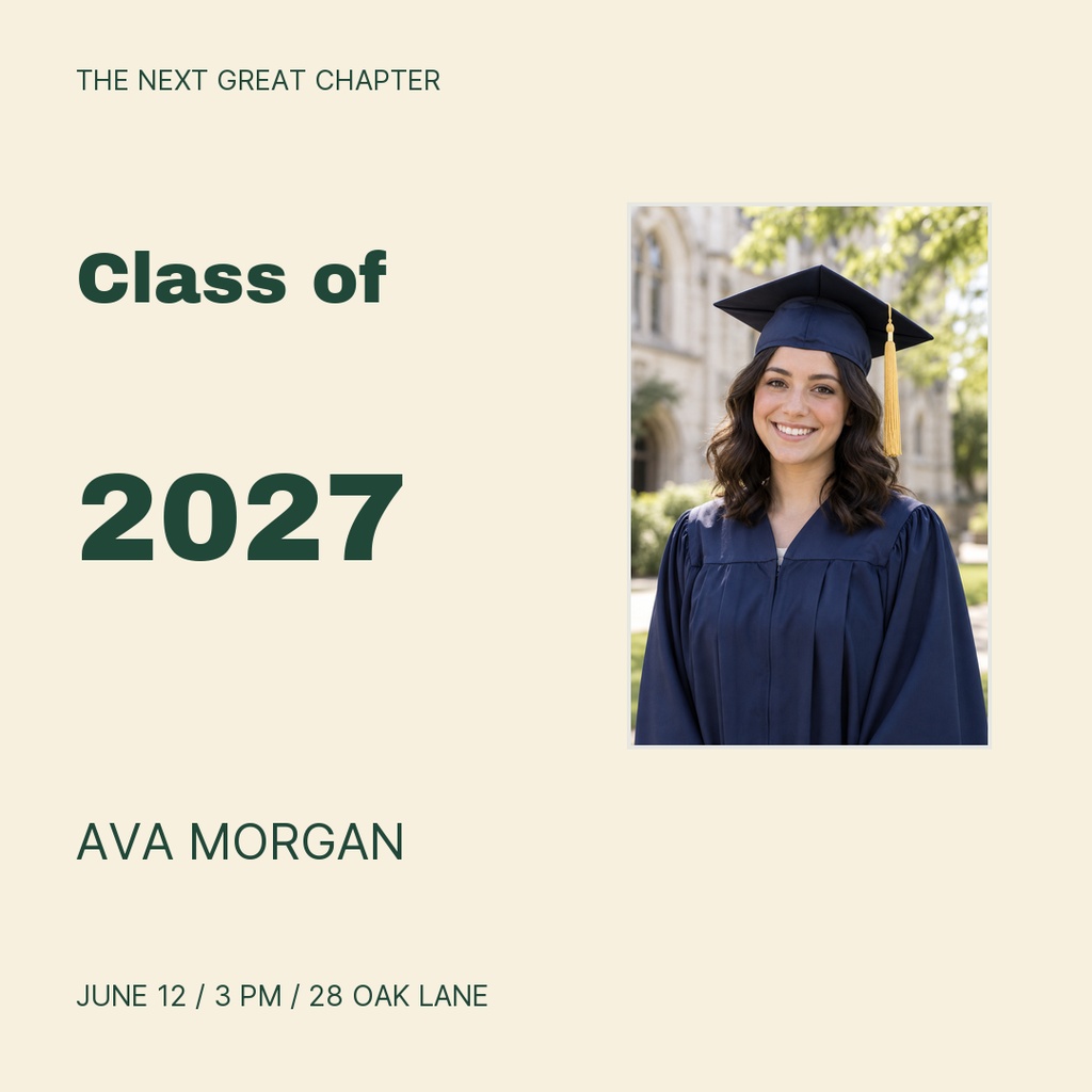Square graduation post with a smiling graduate in cap and gown and bold class of 2027 text.