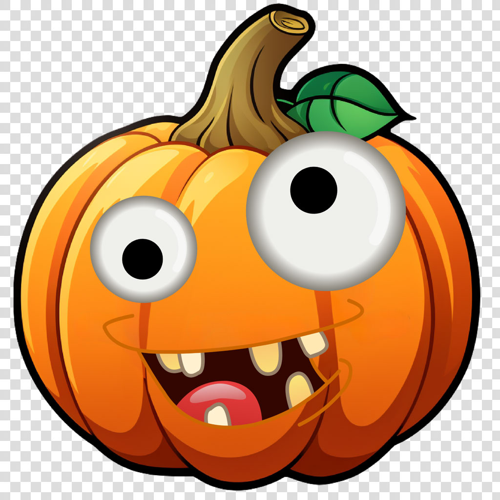 A cartoon pumpkin with a goofy face and large eyes