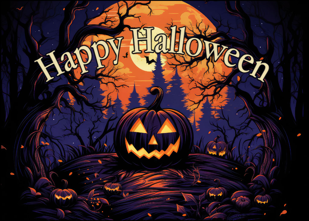 Halloween greeting with a jack-o-lantern in a dark forest under a full moon