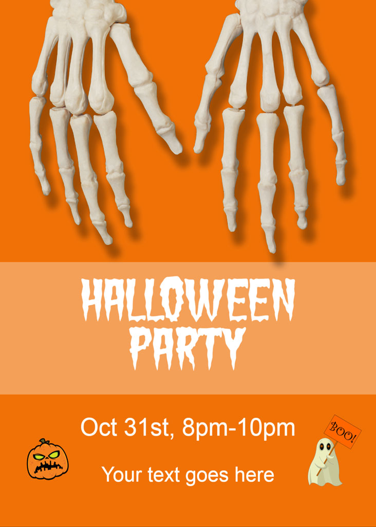 Halloween party invitation with skeleton hands and orange background