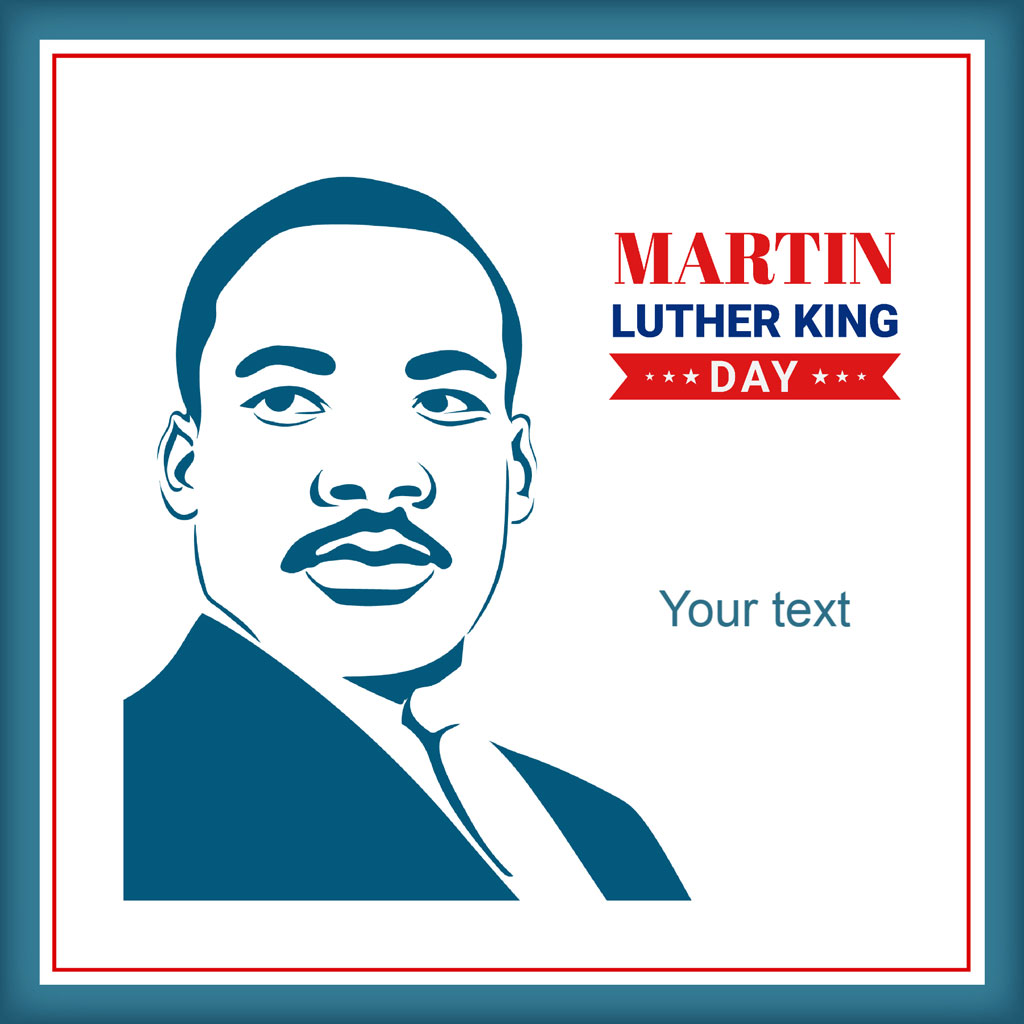 Martin Luther King Day template with a blue portrait of Martin Luther King