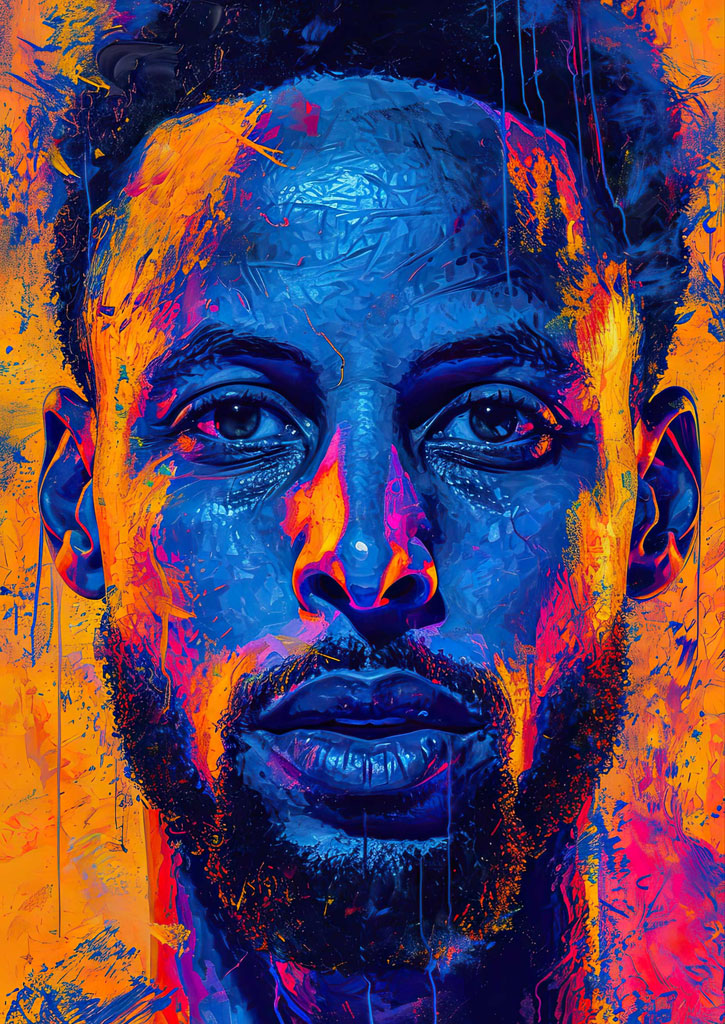 A close-up of a man's face with a blue and orange color scheme