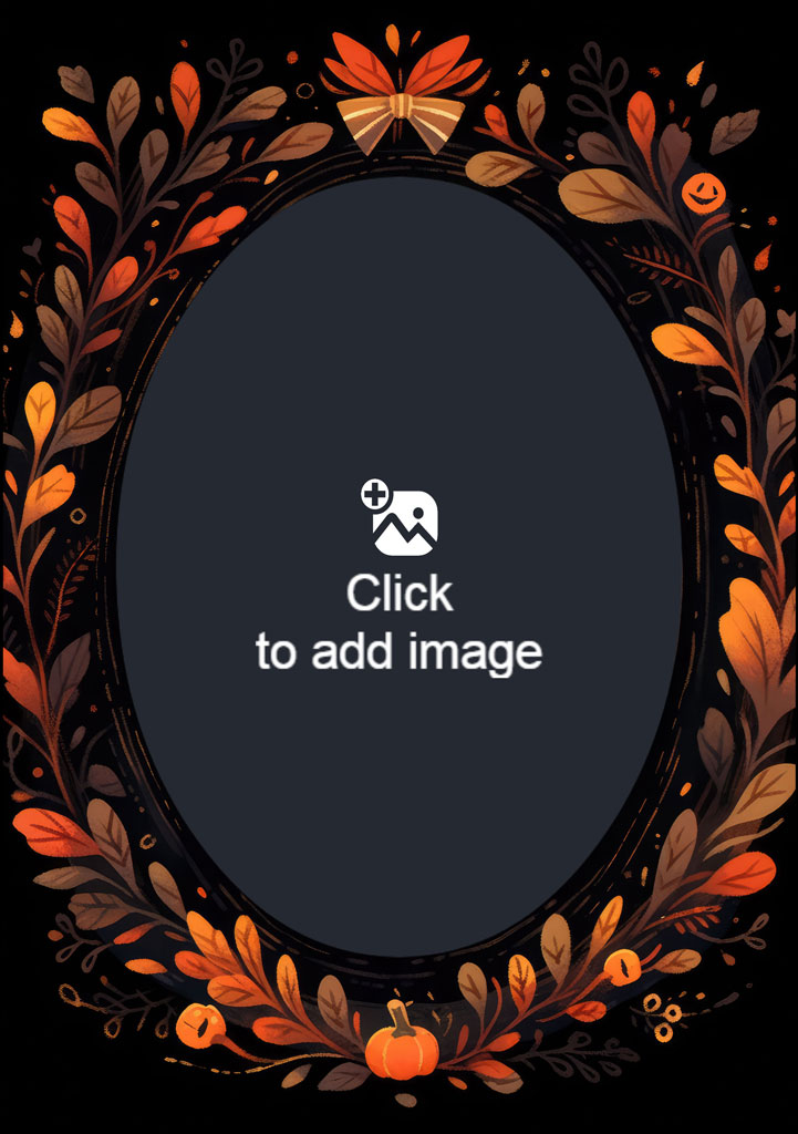 A black circular frame surrounded by orange and brown leaves and pumpkins.