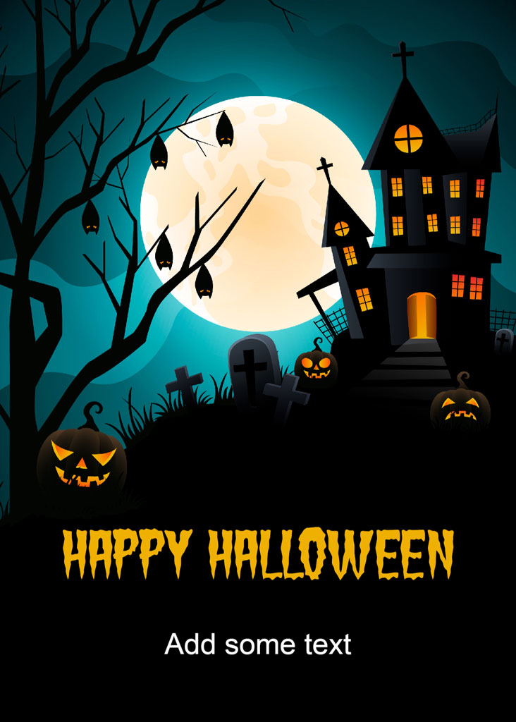 A spooky Halloween scene with a haunted house and jack-o-lanterns under a full moon.