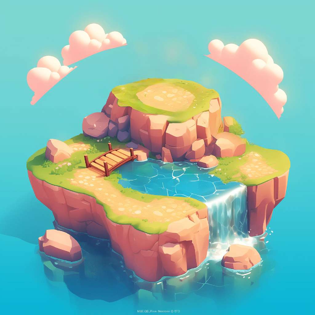 A cartoon island with a lake and waterfall surrounded by rocks and greenery