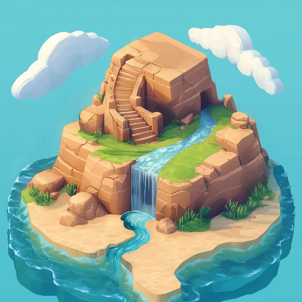 A 3D illustration of a serene island with a stone structure and waterfall