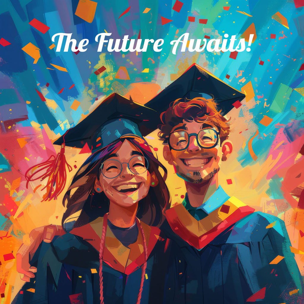 Two graduates in caps and gowns with confetti in the background