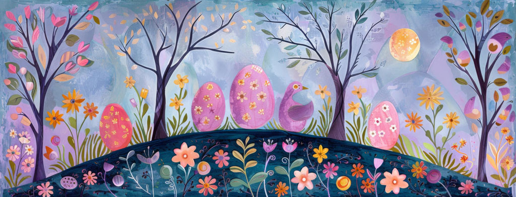 Colorful Easter eggs and flowers in a fantasy landscape with a full moon.