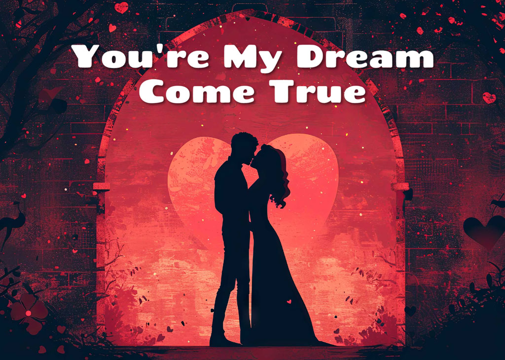 Silhouette of a couple kissing under an arch with a heart-shaped background