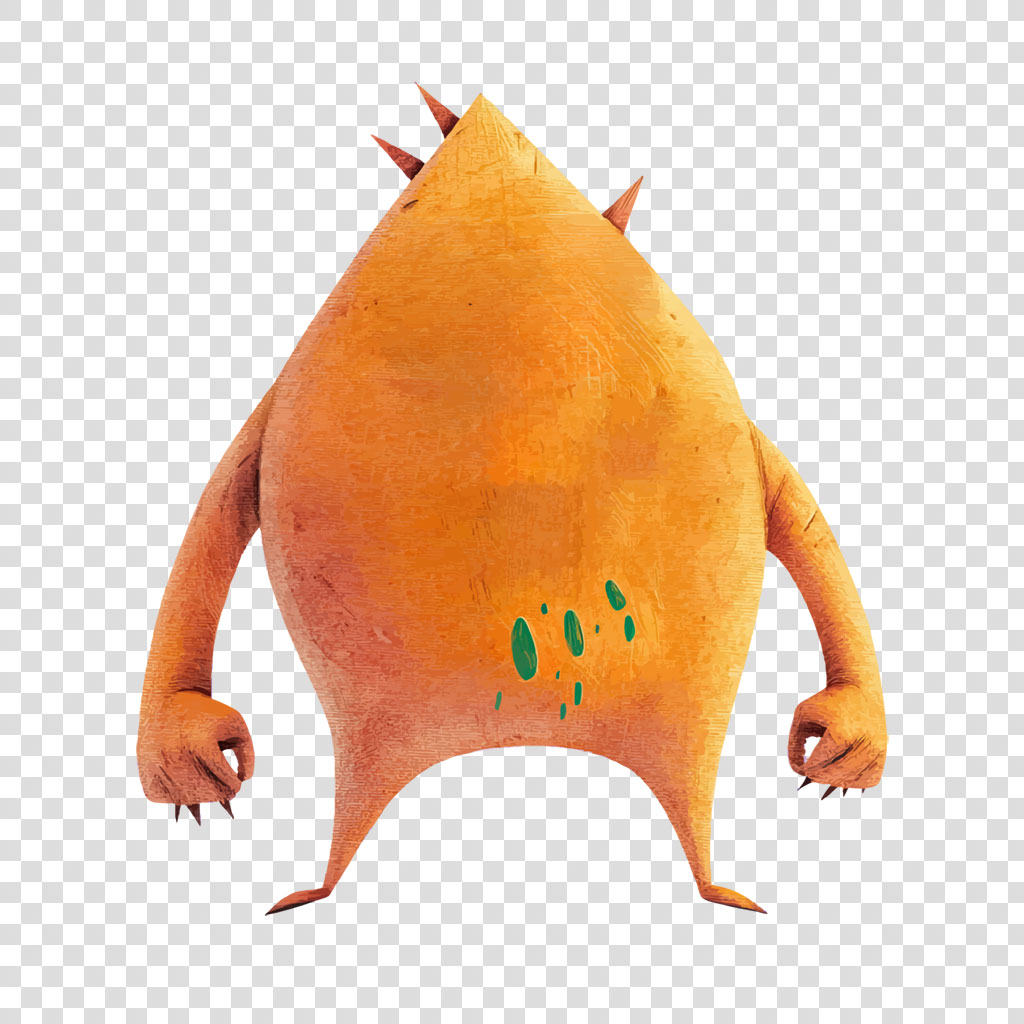 An orange creature with a triangular head, spikes, and green spots.