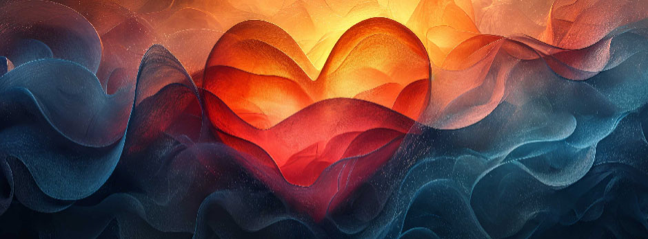 Abstract heart-shaped artwork with orange, red, and blue hues