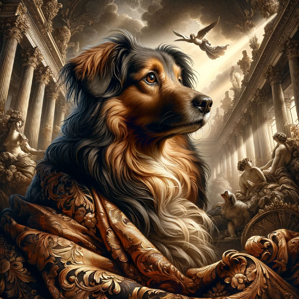 A dog with a white ruffled collar and a red beaded necklace.