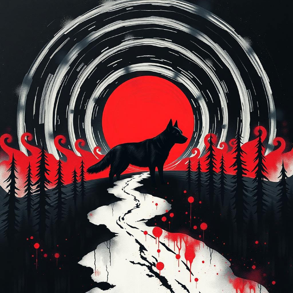 A surreal illustration depicting a forest with a path that diverges into white and red routes under a large red spiral sun.