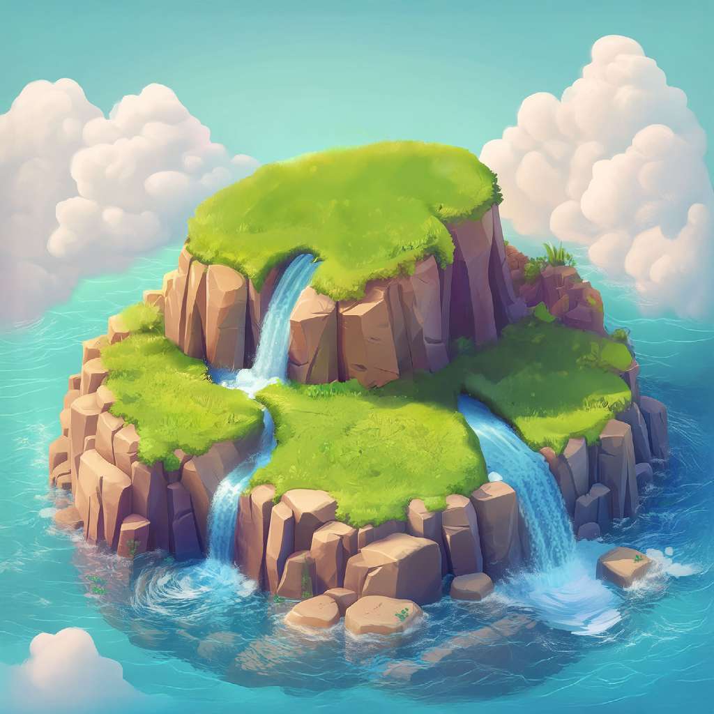 A cartoon island with waterfalls and greenery surrounded by water and clouds