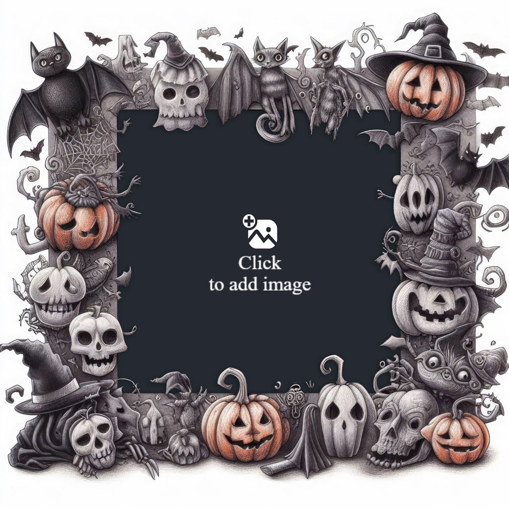Halloween frame with pumpkins, bats, and skulls