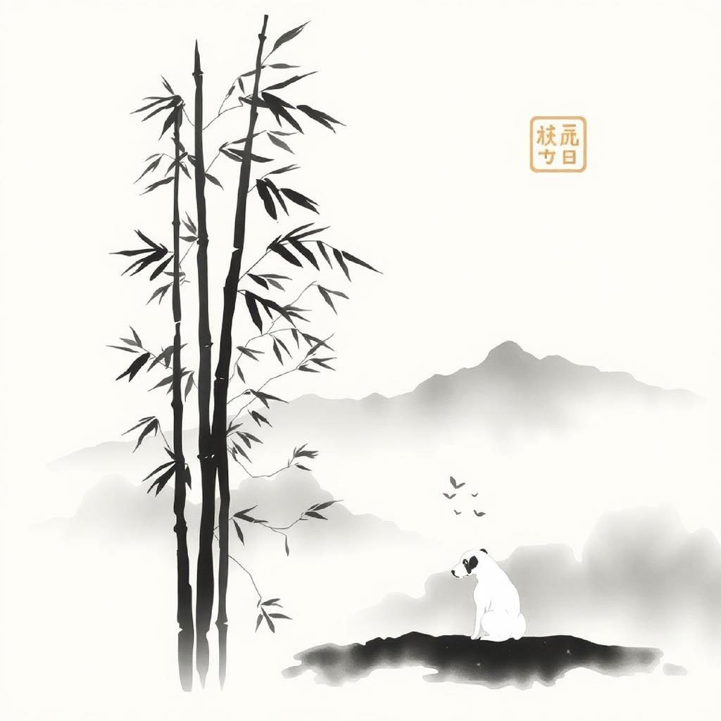 Illustration of bamboo and cranes in a serene environment