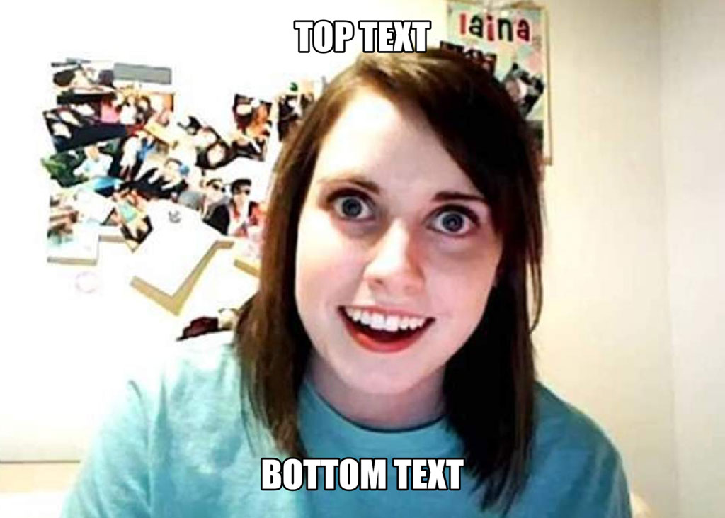 Woman with a shocked face and a blue shirt, with a collage in the background.