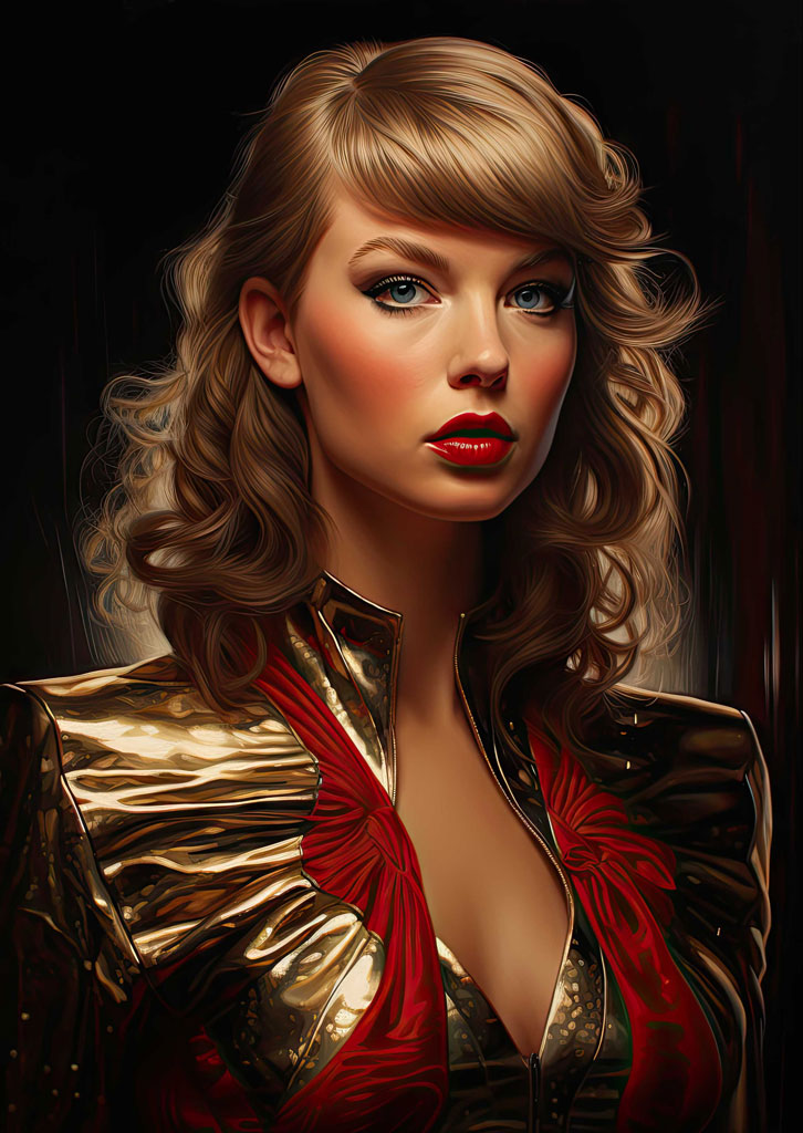 Portrait of Taylor Swift with blonde hair and red lips wearing a gold and red jacket