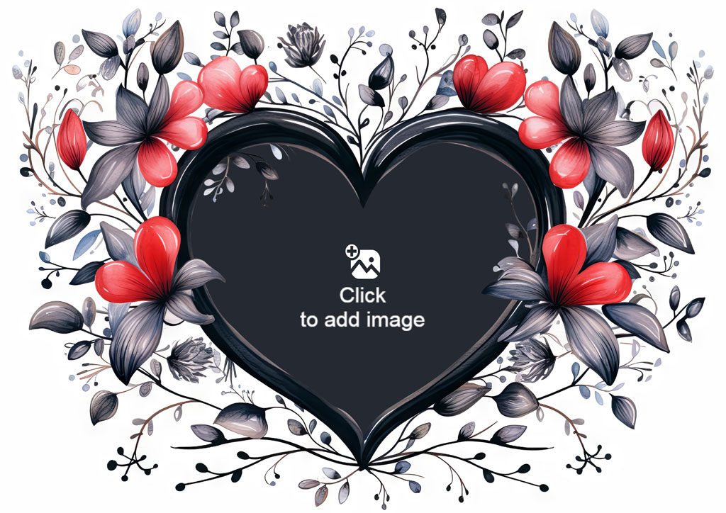 Black heart frame with red flowers and gray leaves