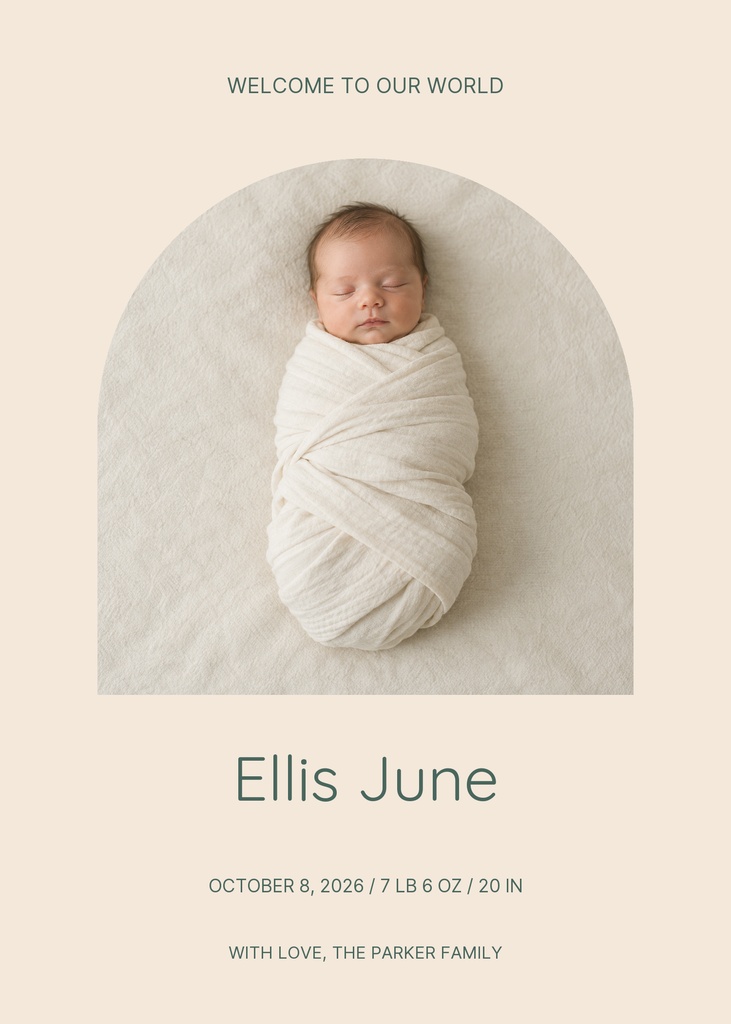 Preview for Welcome, Baby Ellis Portrait Birth Announcement Template