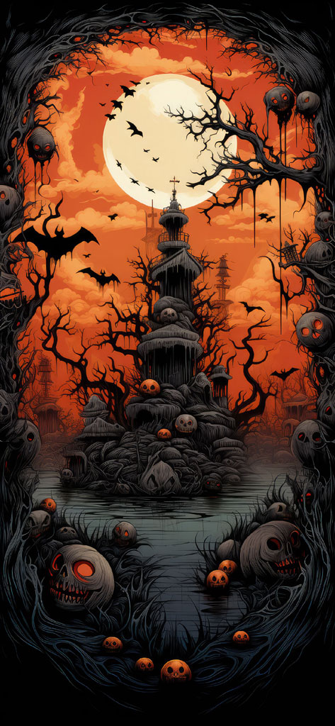 A dark Halloween landscape with a tower and skulls