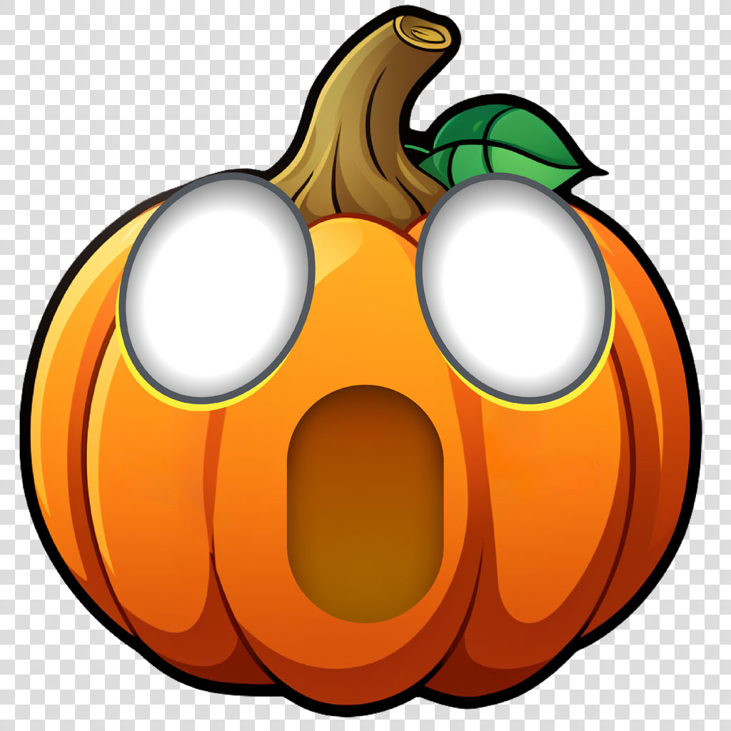 A surprised cartoon pumpkin with large eyes and an open mouth