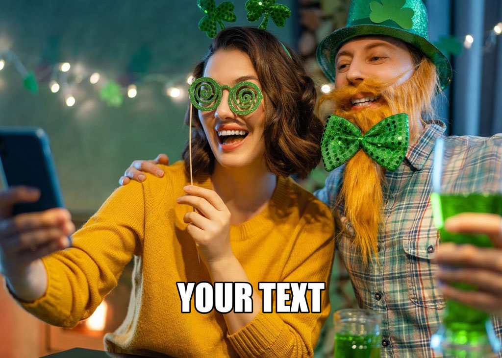 Couple celebrating St. Patrick's Day with props and green drinks