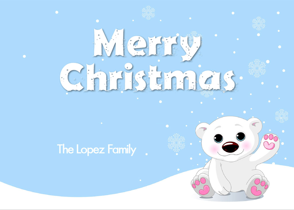 A cartoon polar bear waving on a Christmas greeting card