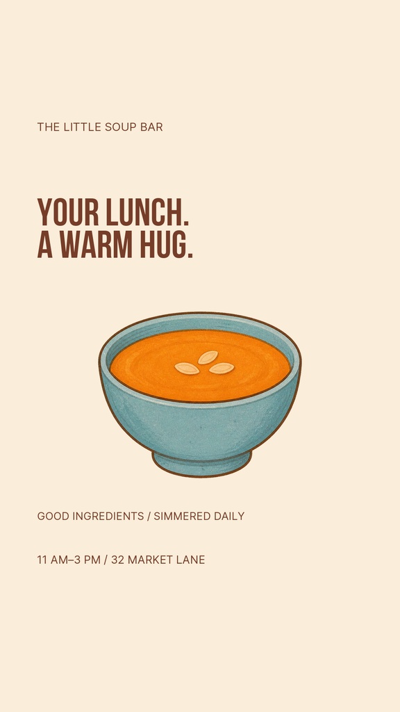 Cream-colored Instagram story template with a bowl of orange soup and lunch special text.