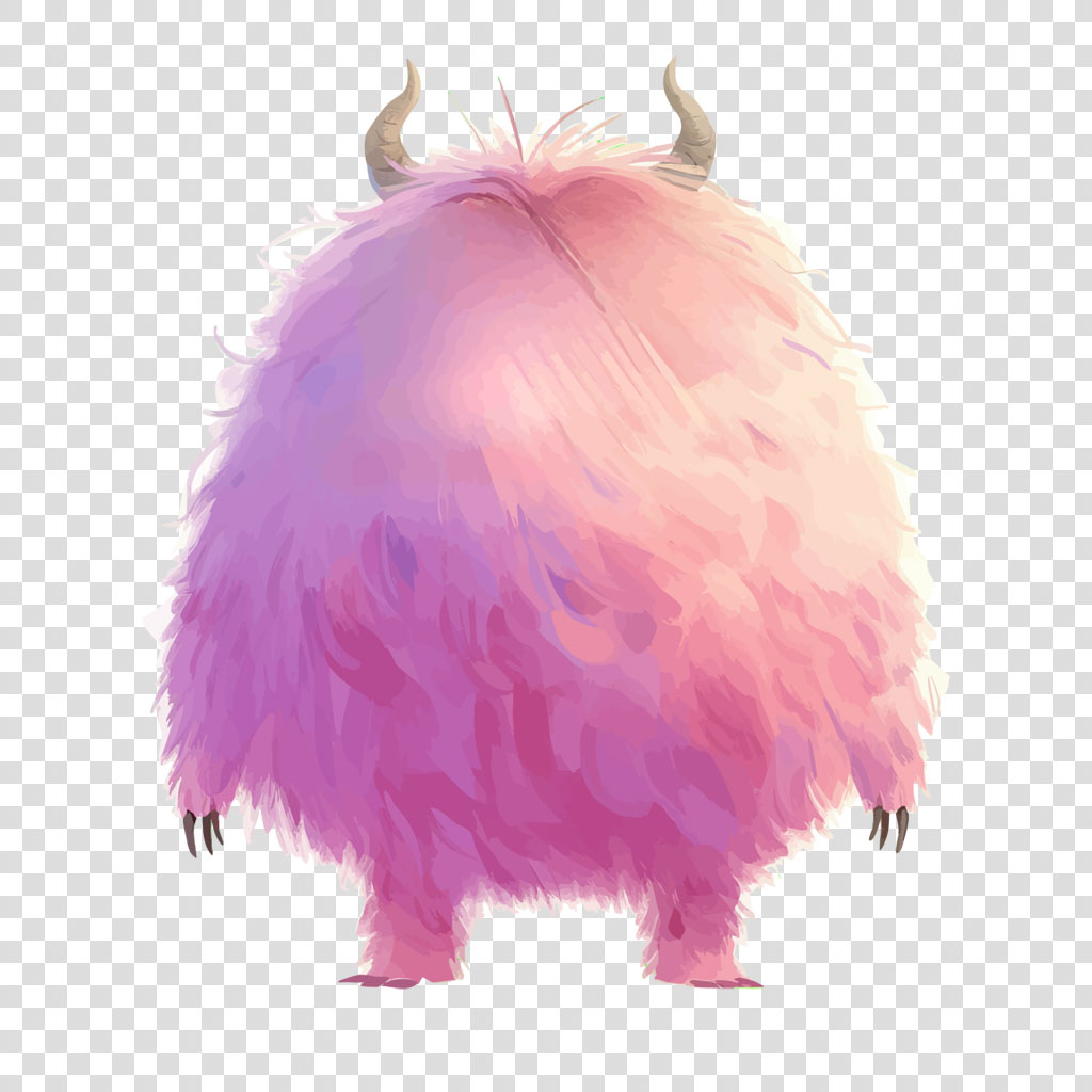 A fluffy, pink creature with horns and claws