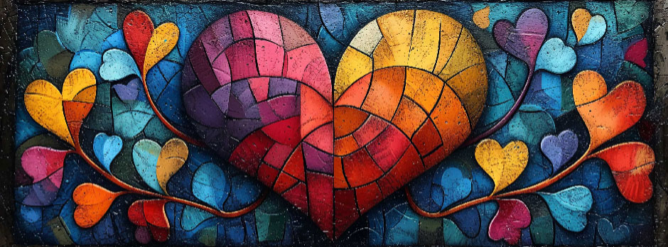 A mosaic artwork with a large heart and smaller hearts on vines against a blue background.