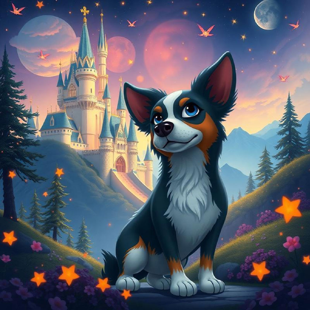 A princess in a white dress walks towards a castle with red spires and towers.