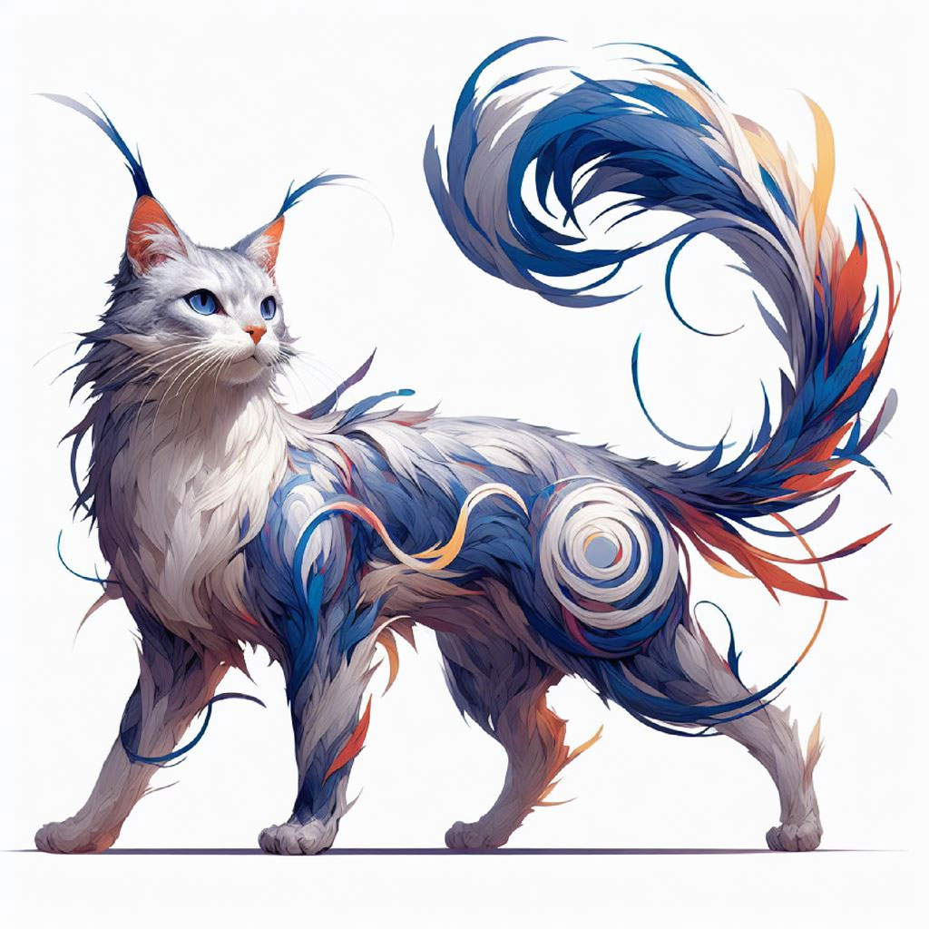 A cartoon cat with green eyes and gray fur sitting on a white background