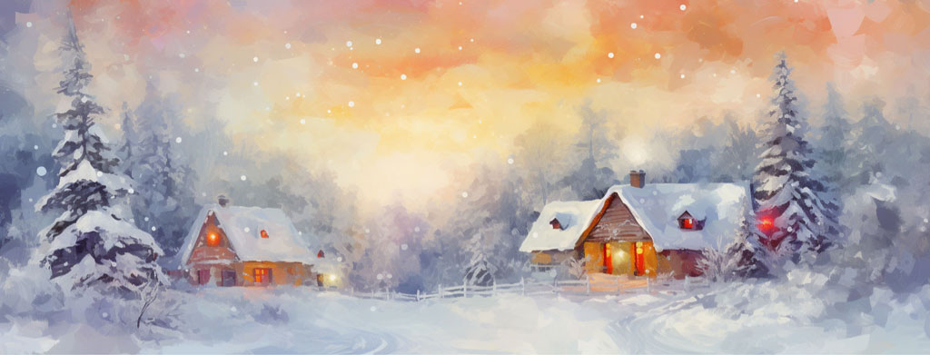 A watercolor painting of a snowy village with houses and evergreen trees.