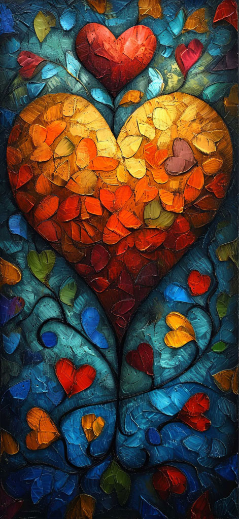 A large heart made of smaller hearts and leaves in various colors
