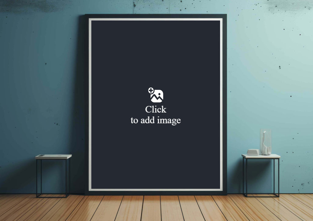 A large black framed artwork on a blue wall between two small tables on a wooden floor