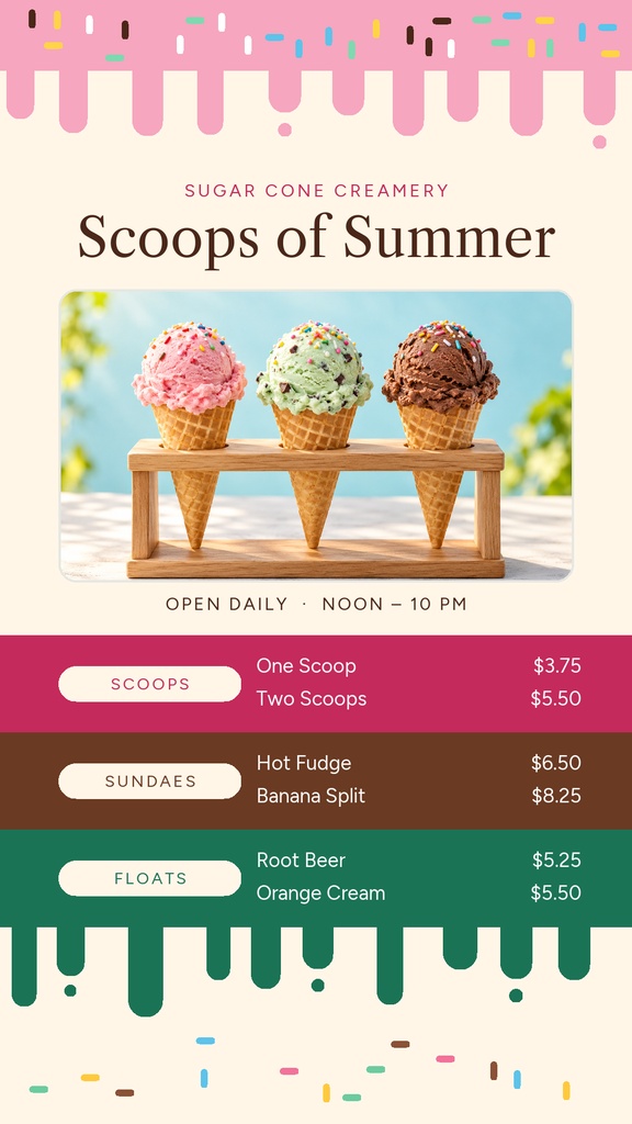 Ice cream menu story with three scoops in waffle cones and colorful dripping borders.
