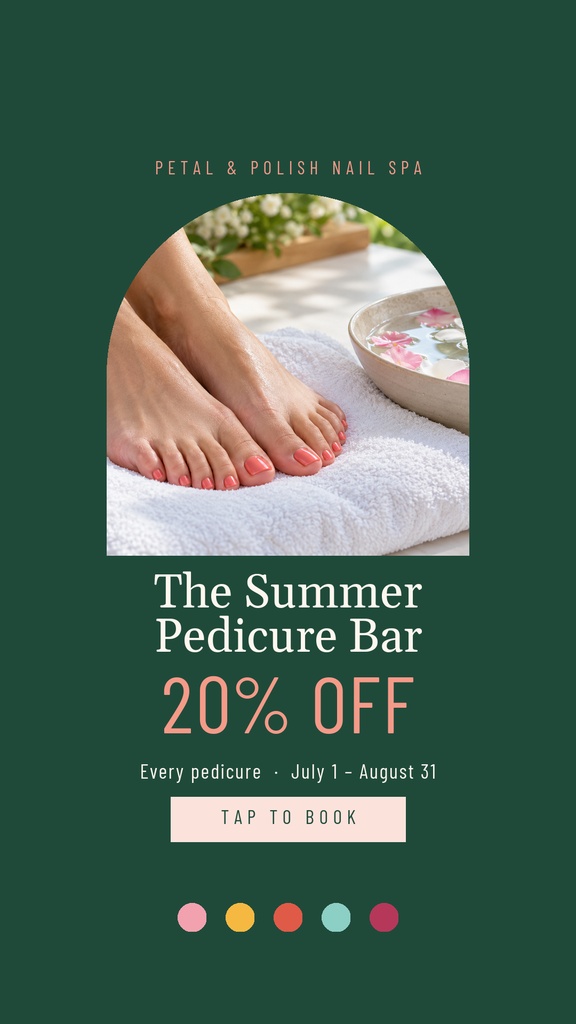 Instagram story template with a pedicure photo, summer sale text, and a tap to book button.