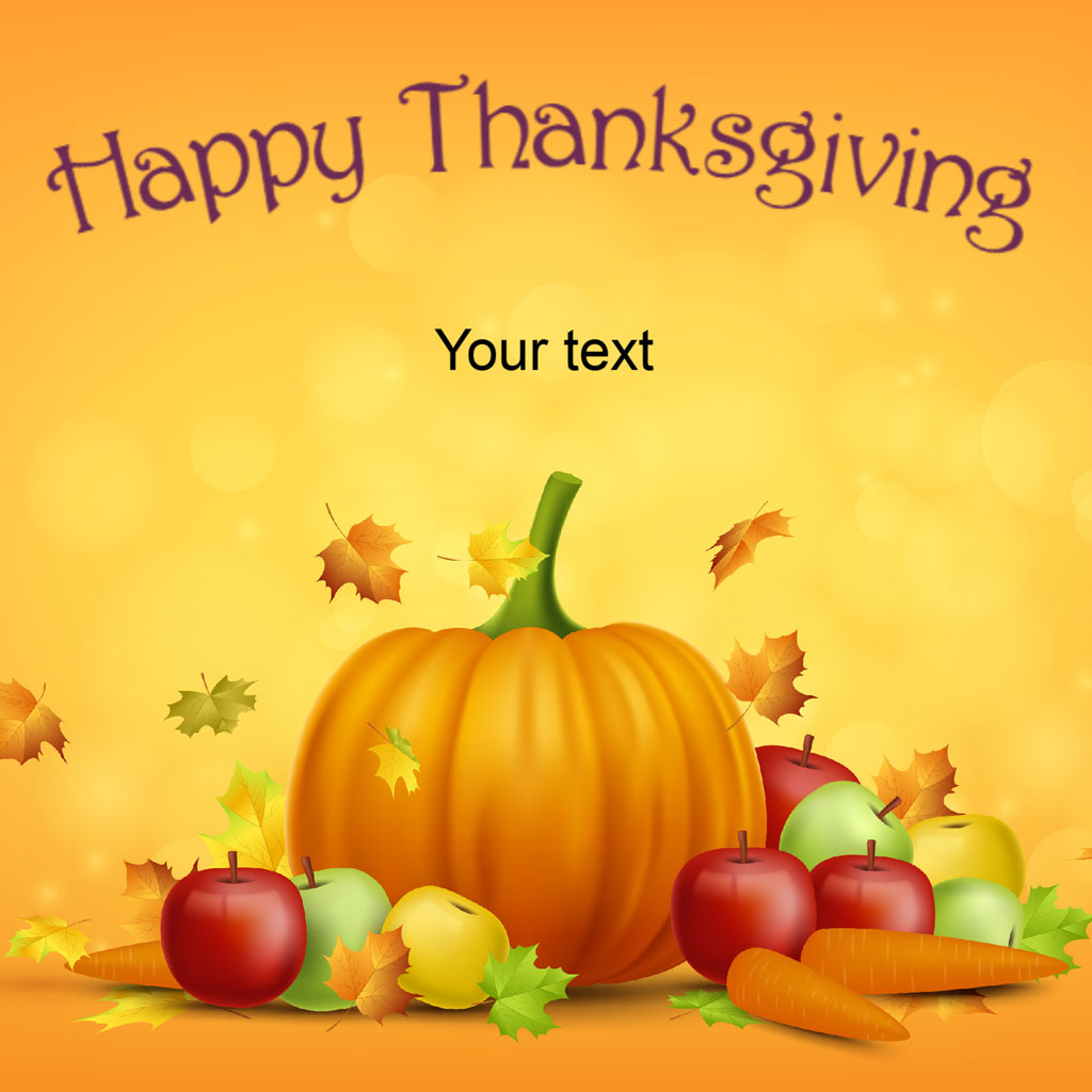 Thanksgiving greeting with pumpkin and fruits