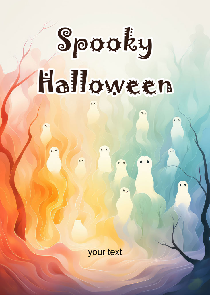A Halloween-themed image with ghosts and abstract shapes in a rainbow of colors.