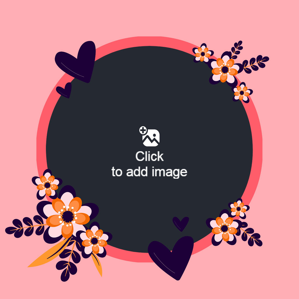 A graphic template featuring a dark circle with a pink border, surrounded by flowers and hearts on a pink background.