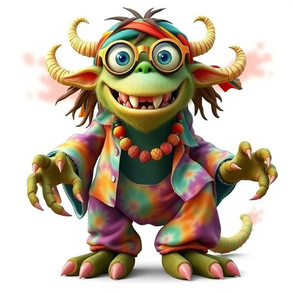 A cartoon monster with green skin, large eyes, and colorful tie-dye clothing.