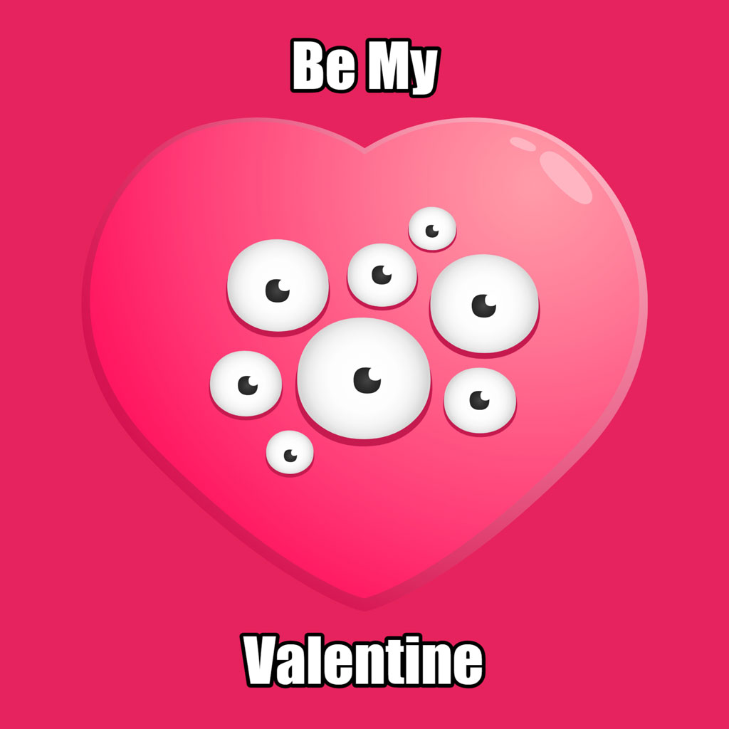 A pink heart with eyes on a red background