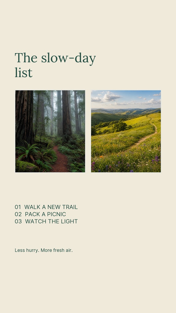 Minimal Instagram story with two outdoor photos, a trail list, and soft beige background.