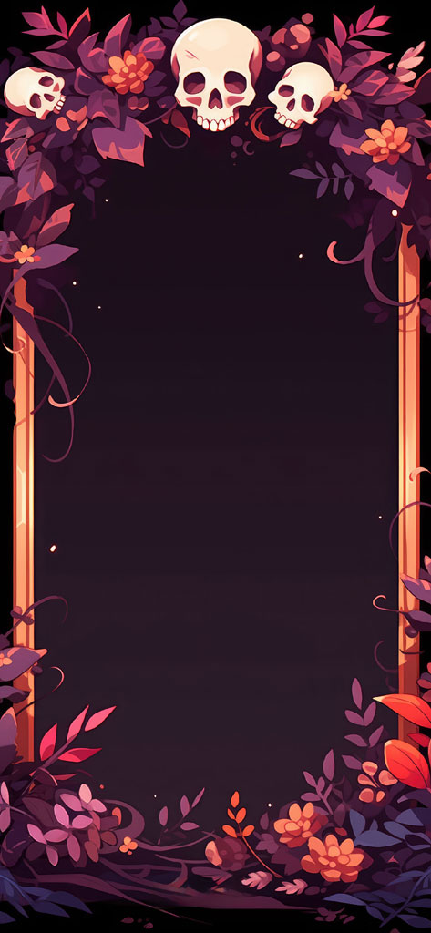 A dark floral frame with three skulls and vines.