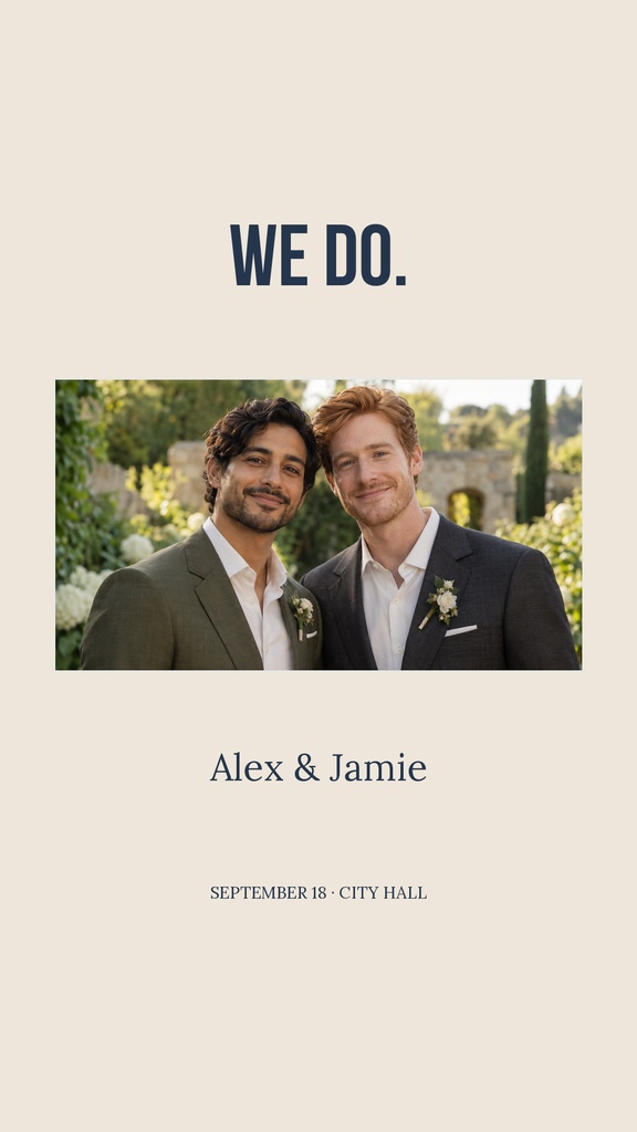 Vertical wedding story template with the words WE DO, a photo of two grooms, and the name Alex & Jamie.